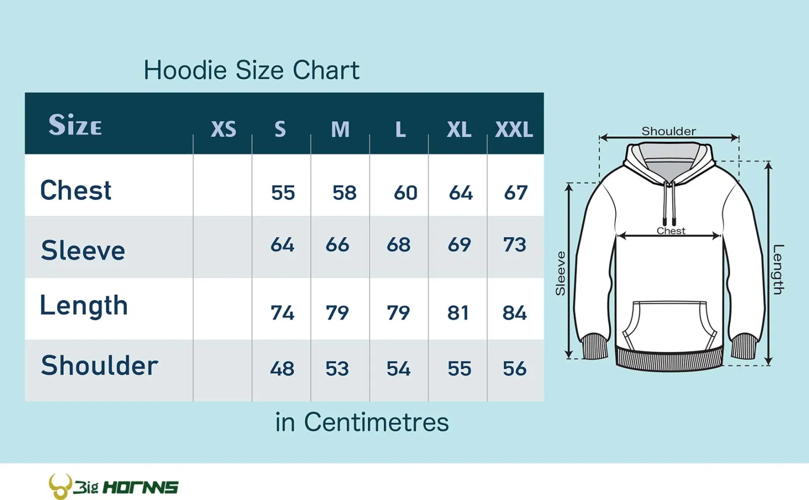 Hoodie size chart in centimetres: chest, sleeve, length and shoulder for sizes XS to XXL