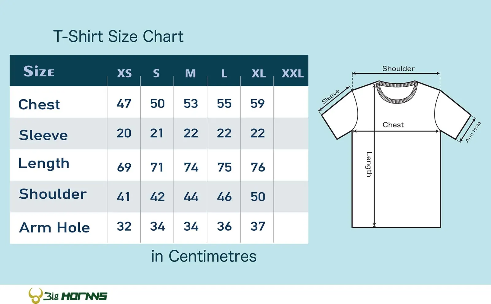 Tee size chart in centimetres: chest, sleeve, length and shoulder for sizes XS to XXL